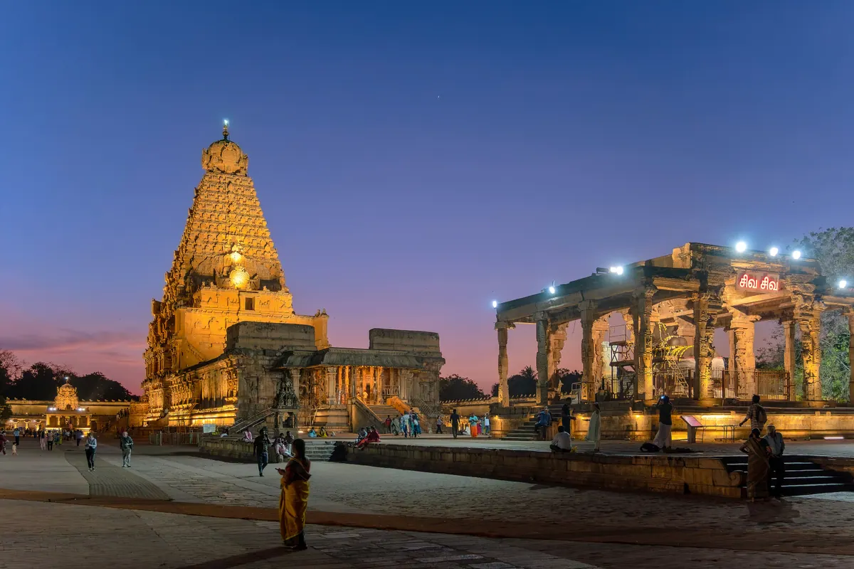 The floodlit Brihadisvara Temple at Thanjavur in Tamil Nadu at dusk