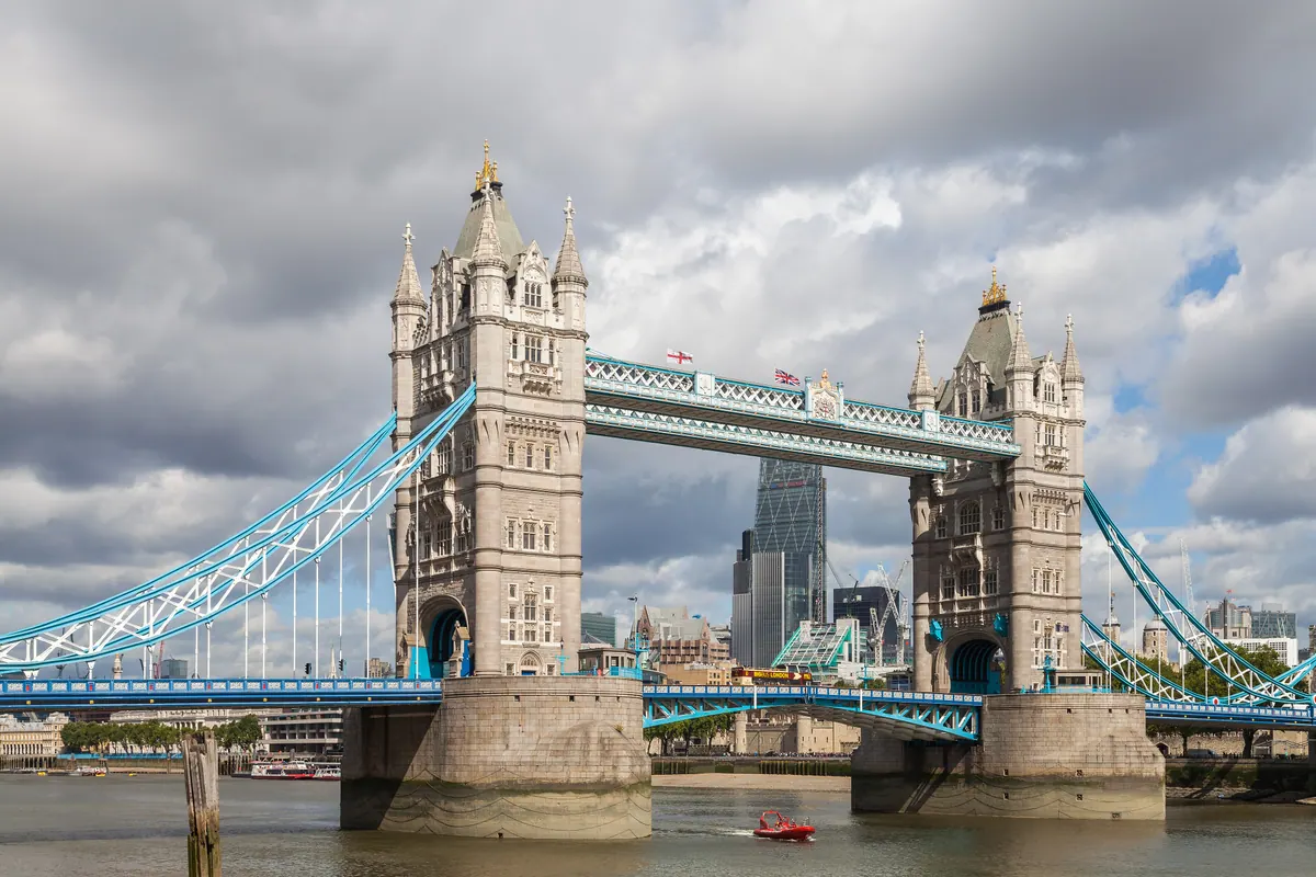 Tower Bridge over the Thames with the City of London skyline behind